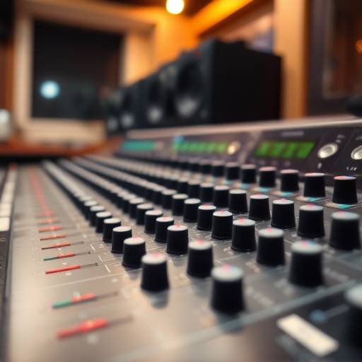 Close-up of a professional mixing console with multiple faders and knobs in the Aurora Sound Studios control room.